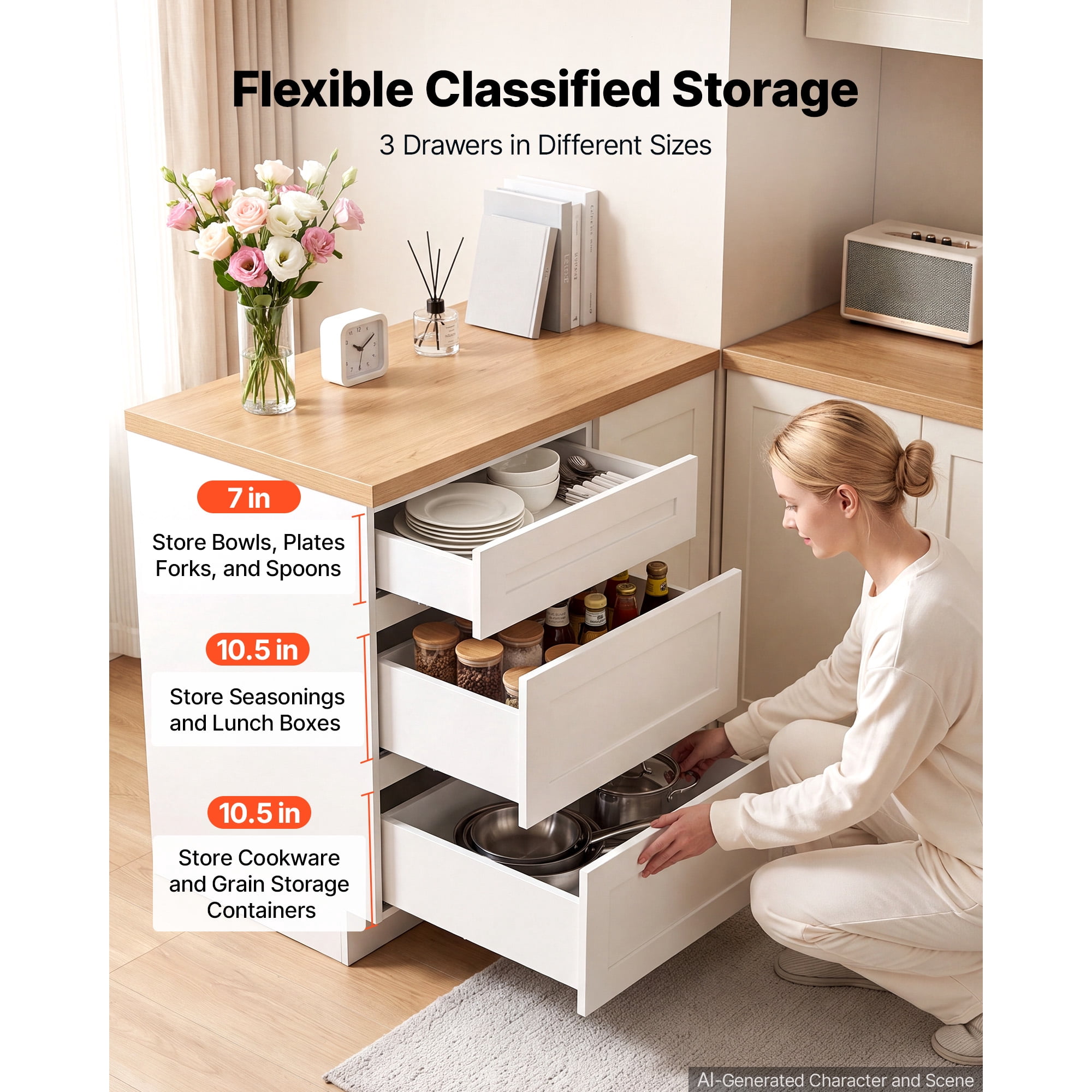 KFFKFF White Shaker Base Cabinet, 18"W, Ready to Assemble, 18" W x 24" D x 34.5" H, Featuring 3 Drawers, Soft-Close Mechanism, Durable Edge Banding, Suitable for Home, Office, or Laundry Spaces