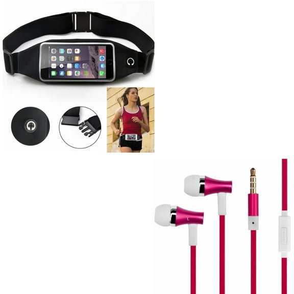 Black Sports Running Workout Waist Bag Belt Case w Red Earbuds Handsfree Earphones Mic N7G for LG Q7 Plus, Phoenix Plus, Tribute HD, X Charge, Google Nexus 5X, G8 ThinQ, G7 ThinQ, G Stylo