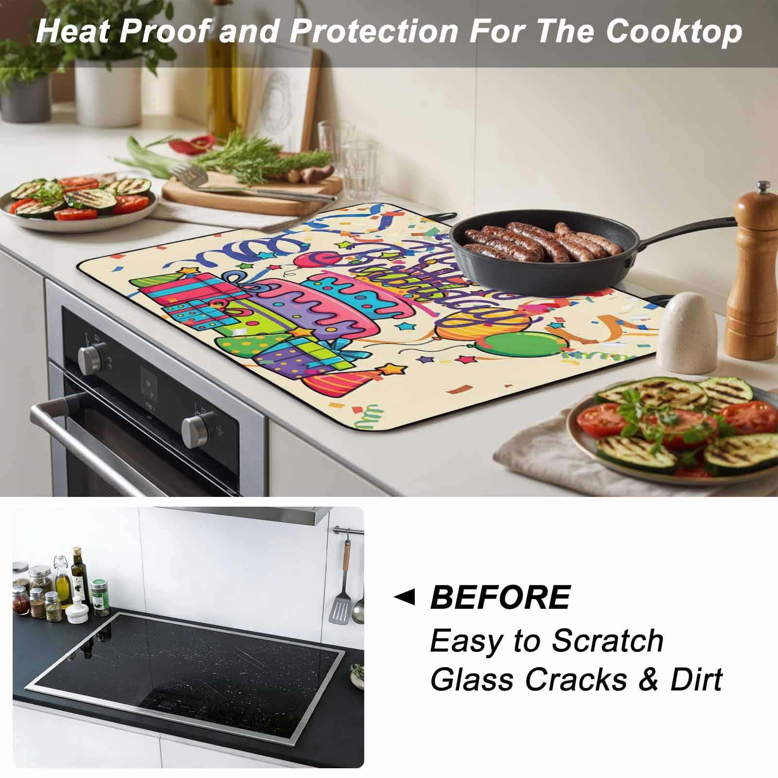 Ribbon Happy Birthday Stove Top Cover for Electric Stove, Heat-proof & Non Slip Glass Top Stove Cover Protector, Cute Cake Balloon Colorful Kitchen Flat Cooktop Rubber Mat 24x21 Inches