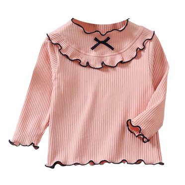 Ltctricy Girls' Long Sleeve Shirts Toddler Baby Ruffle Trim Mock Neck Ribbed Cotton T Shirts Soft Tee Blouses Infant Newborn Clothes(Pink,18-24 Months)