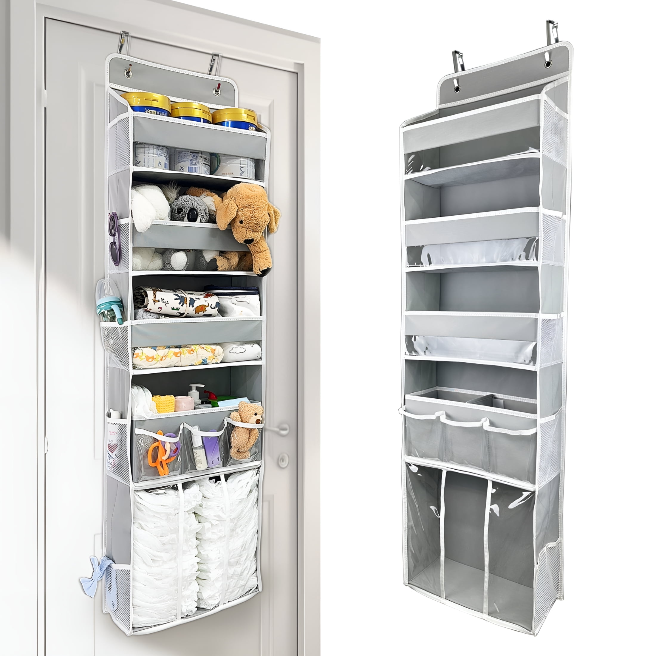 XIBUFE Baby Hanging Organizer 5-Shelf Over-The-Door Organizer with Diaper Caddy, Grey, 1 Count over the Door Organizer Nursery