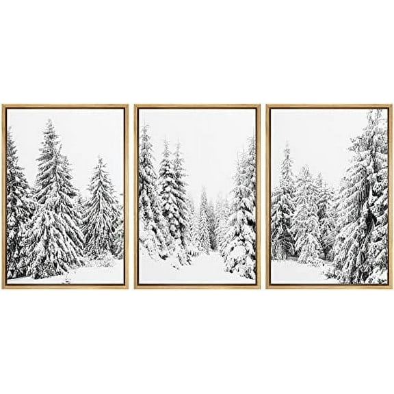 IDEA4WALL Framed Wall Art Print Set Winter Wonderland Snowy Pine Tree Forest Nature Modern Decorative Boho for Living Room, Bedroom, Office - 24"x36"x3 Natural