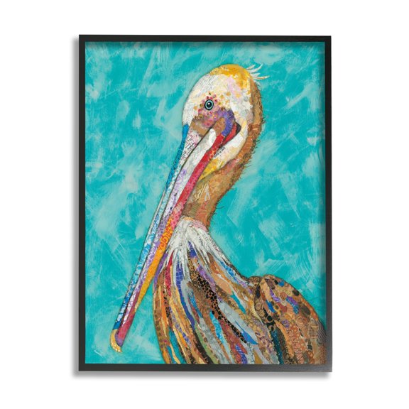 Stupell Industries Bold Pelican Bird Varied Collage Pattern Stripes Painting Black Framed Art Print Wall Art, Design by Lisa Morales