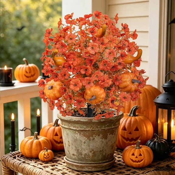 Thanksgiving Pumpkin Artificial Fall Planter Decorative Planters Garden Decor Houseplants Outdoor Indoor Porch Patio Farmhouse Harvest Seasonal Faux Plant Arrangement Home Decor