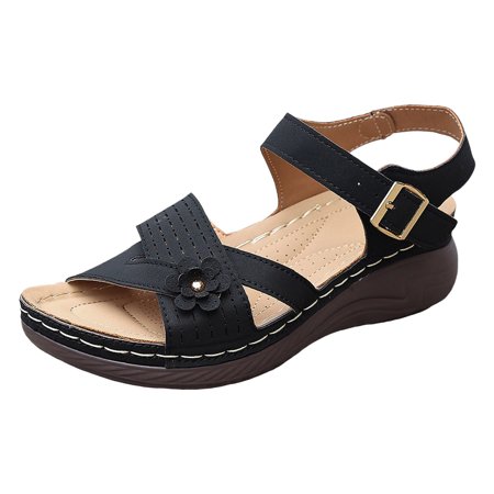 

Ladies Summer Retro Flower Solid Colour Buckle Thick Bottom Large Size Slope Heel Sandals