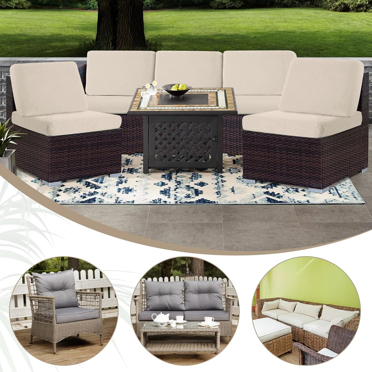 2 Pack 100% Waterproof Patio Sofa Cushion Covers, Stretch Outdoor/Indoor Individual Seat Cushion Cover Furniture Protector Sofa Slipcover, Beige