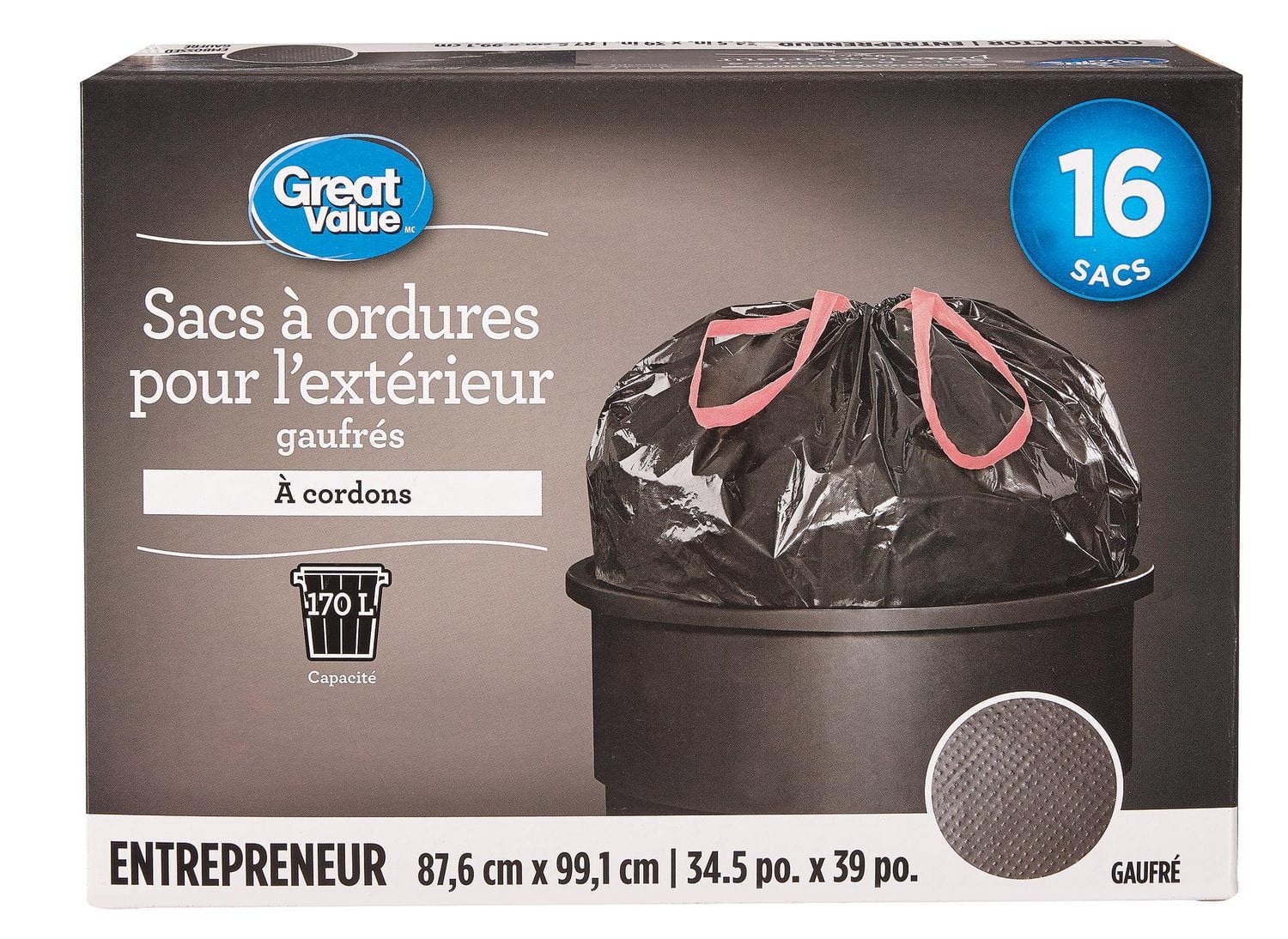 Great Value Outdoor Garbage Bags with Drawstring, 16 Bags 170 L