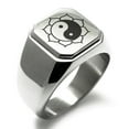 thumbnail image 1 of Stainless Steel Sacred Lotus Yin Yang Engraved Square Flat Top Biker Style Polished Signet Ring, 1 of 1