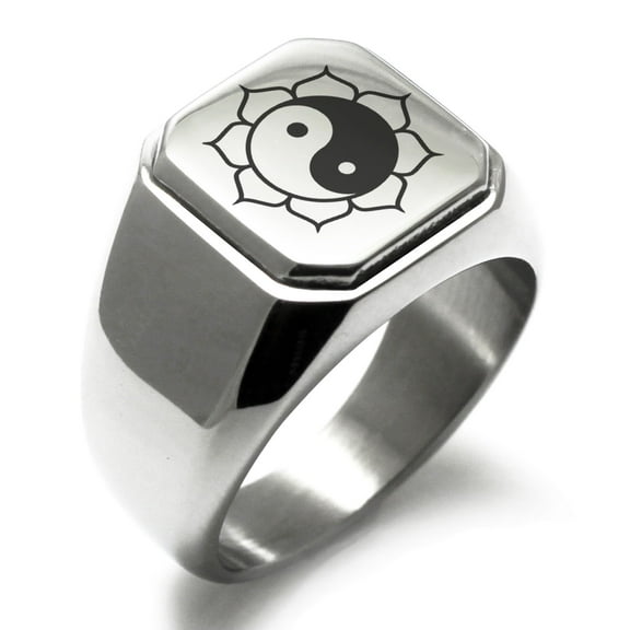 Stainless Steel Sacred Lotus Yin Yang Engraved Square Flat Top Biker Style Polished Signet Ring
