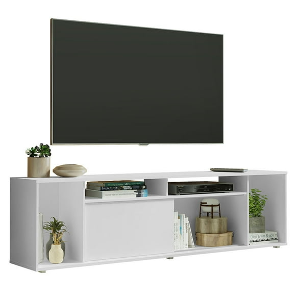 Madesa Entertainment Center with 1 Sliding Door and 5 Shelves, TV Stand for TV's up to 80 Inches, Wood, 20'' H x 14'' D x 71'' L - White