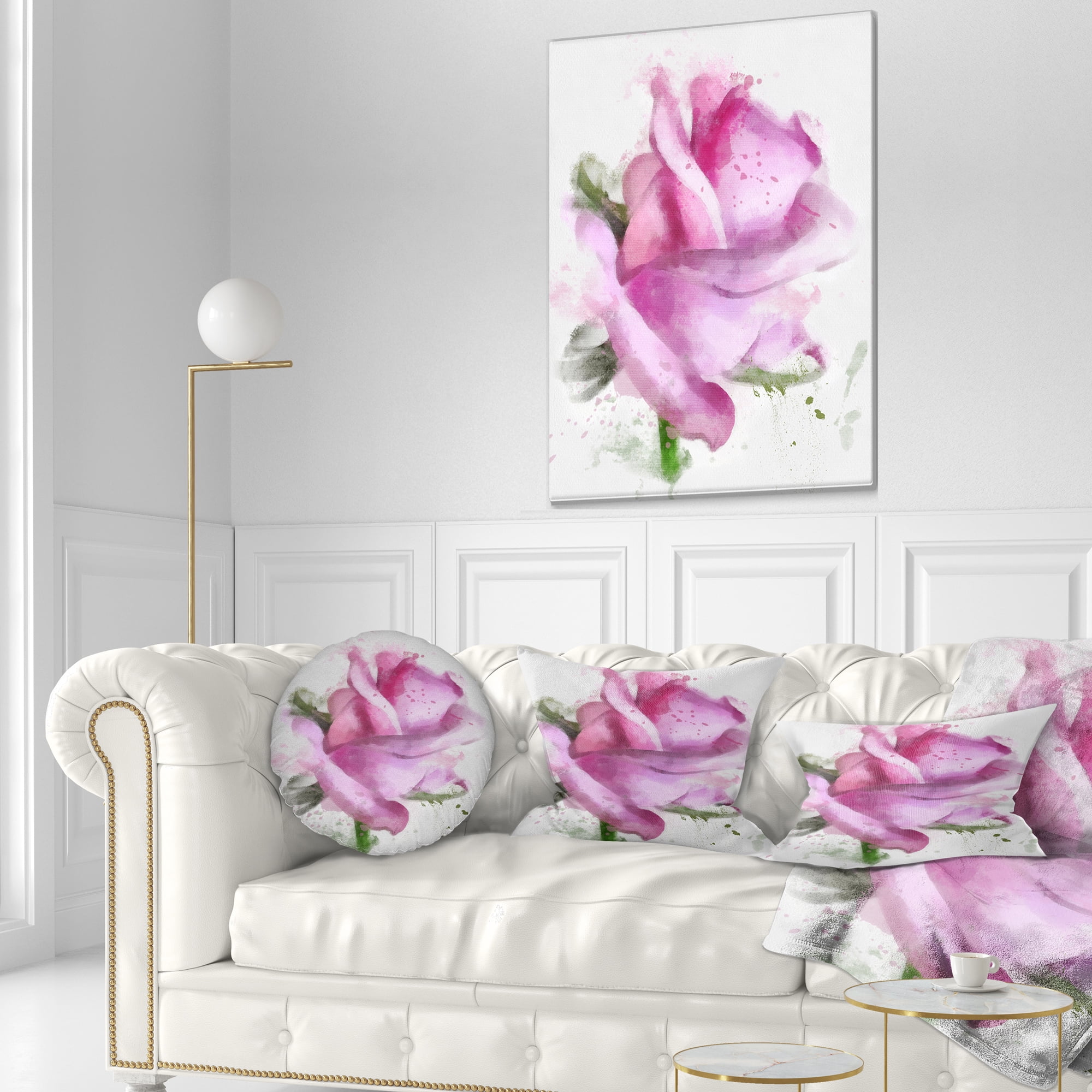 Designart Pink Rose Drawing Watercolor - Floral Throw Pillow - 12x20