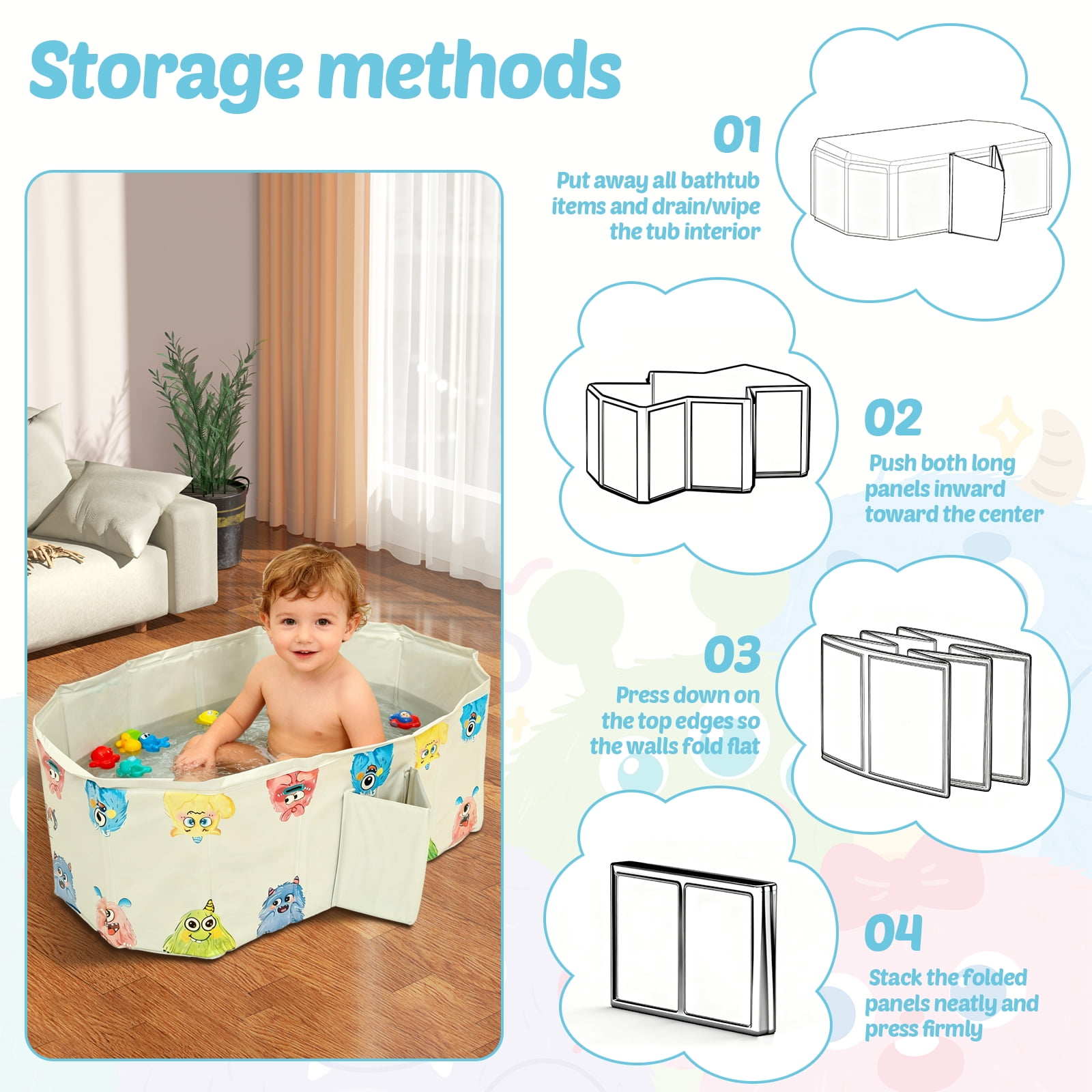 Austok Foldable Bathtub for Kids Multifunctional Portable Bath Tub Large Toddler Bath Tub for Ages Under 8 Integrated Design with Drainage Hole