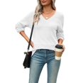 thumbnail image 2 of Women Fall Sweaters Casual Long Sleeve Ribbed Knit V Neck Light-Weight Crochet Pullover Sweater Solid White M, 2 of 7