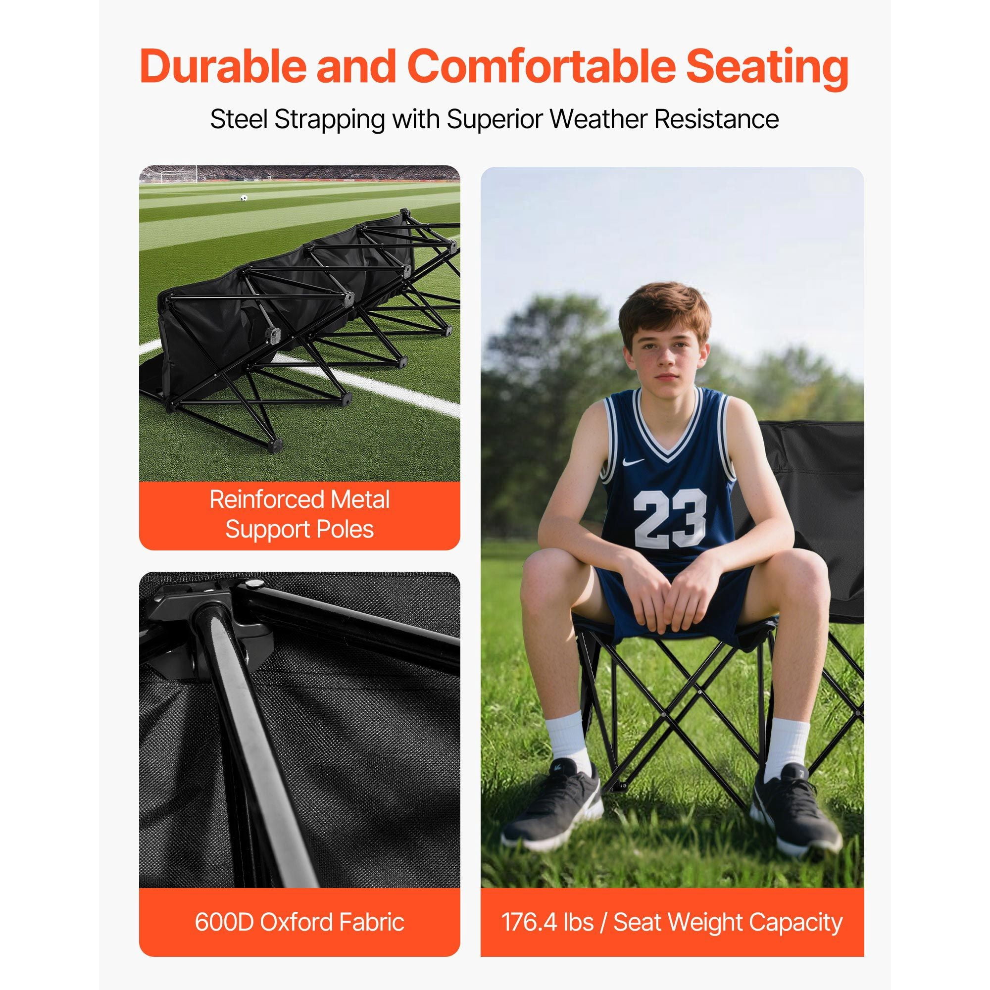 4 Person Portable Folding Sports Bench with Backrest, 4-Seat Foldable Soccer Sideline Bench Black with Side Storage Pockets Carry Bag, 600D Oxford Outdoor Team Bench for Football Camping Events