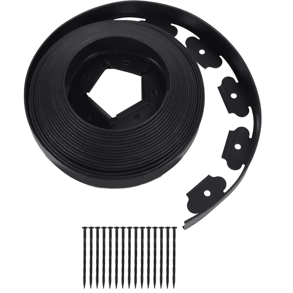 No Dig Durable Garden Landscape Edging Kit, Black Plastic Lawn Border with 15 pcs Anchoring Spikes for Landscaping, Flower Gardens, Lawn (16.4FT  15pcs Anchoring Spikes)