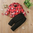 thumbnail image 2 of yocbz Toddler Christmas Outfit Little Boys Christmas Gentleman Suits Outfits Long Sleeve Lapel Christmas Print Tops Suspender Pants Sets Toddler Boys 2Pcs Christmas Clothes Red,Size for 1-2 Years, 2 of 6
