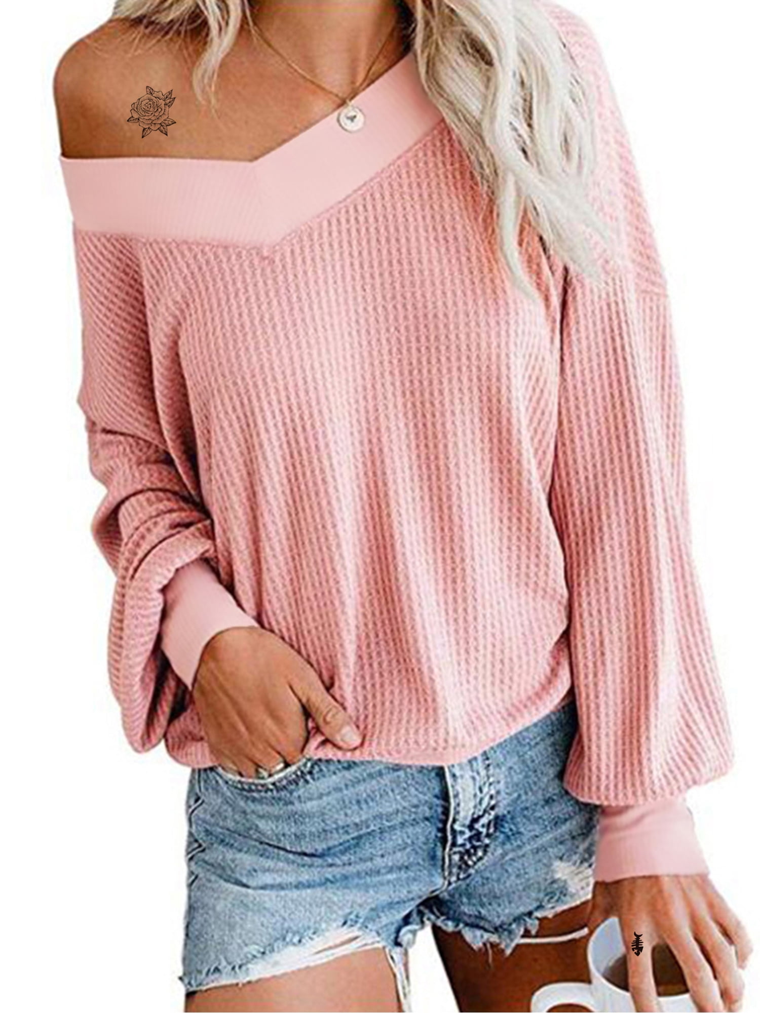 Ladies Womens Waffle Knitted Sweater Long Sleeve Warm Oversized Baggy Jumper Top 
