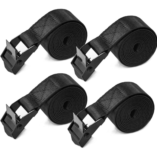 Correas de amarre de 4 paquetes, 2,5 cm x 4 m, correas de amarre resistentes con hebilla de leva ajustable, se utilizan para amarrar y asegurar el equipaje del automóvil y las carpas de jardín.