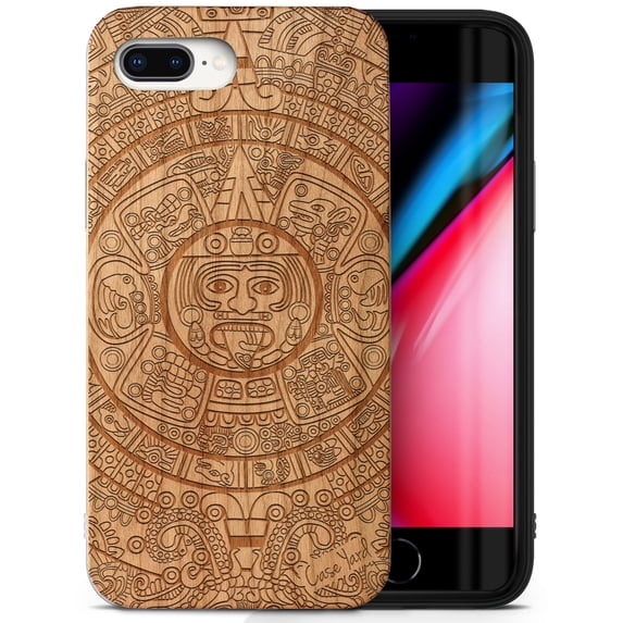 Case Yard Wooden Case Outside Soft TPU Silicone, Slim Fit Shockproof Wood Protective Phone Cover for Girls Boys Men and Women, Supports Wireless Charging Maya Calendar Design case for iPhone-8-Plus