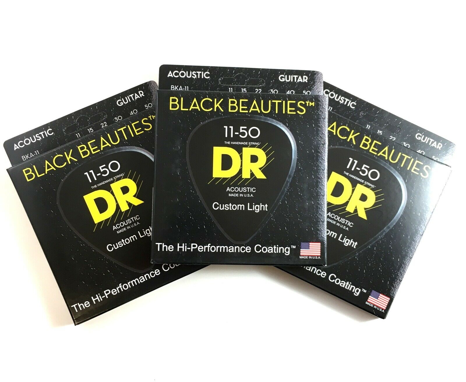 DR Guitar Strings Acoustic 3-Pack K3 Black Beauties Coated 11-50 Custom Light
