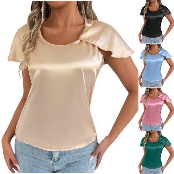 YHAJDS Plain Tshirts for Women Short Sleeve Round Neck Loose Solid Color Pullover Summer Tee