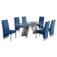 thumbnail image 1 of Clear Glass Dining Set with Table and 6 Navy Blue Velvet Chairs, 1 of 4