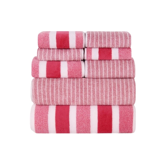 Pink 8-Piece Velvet Towel Set With Wide Stripe Pattern, High Absorbency And Double-Needle Stitching For Bathroom, Spa, Gym And Travel, 30X30 In, 70X140 In, 1.57 Lb