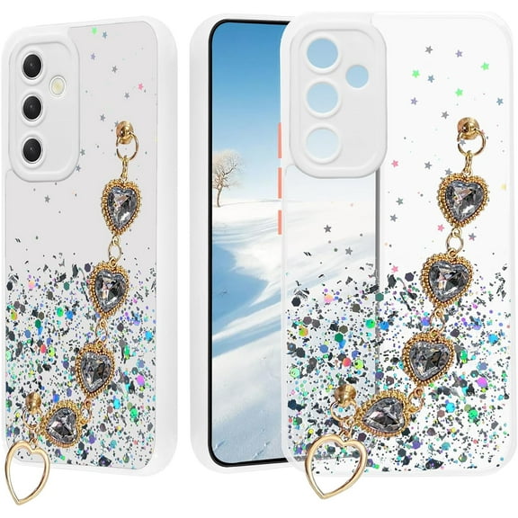 Phone Case for Samsung A35 Case Clear Glitter Silicone, Shockproof Samsung Galaxy A35 5g Case with Chain Strap Bracelet for Women Aesthetic Transparent Cover Pink Cute (White)