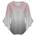 thumbnail image 5 of Pink Gray Gradient Women's V-Neck Blouse With 3/4 Ruffled Bell Sleeves Casual Top Ladies Blouses, 5 of 7