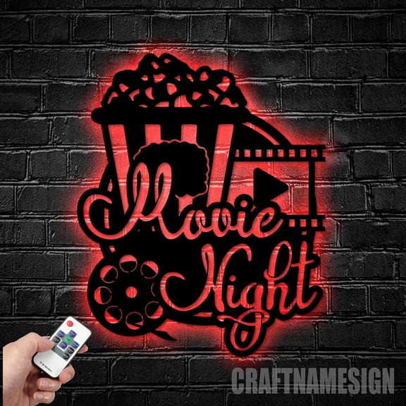 Craftnamesign Custom Movie Night Metal Wall Art LED Light, Movie Theater Decor, Movie Wall Sign