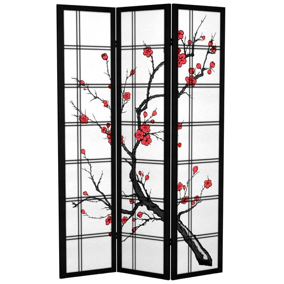 Oriental Furniture 6 ft. Tall Canvas Cherry Blossom Screen - Black - 3 Panel