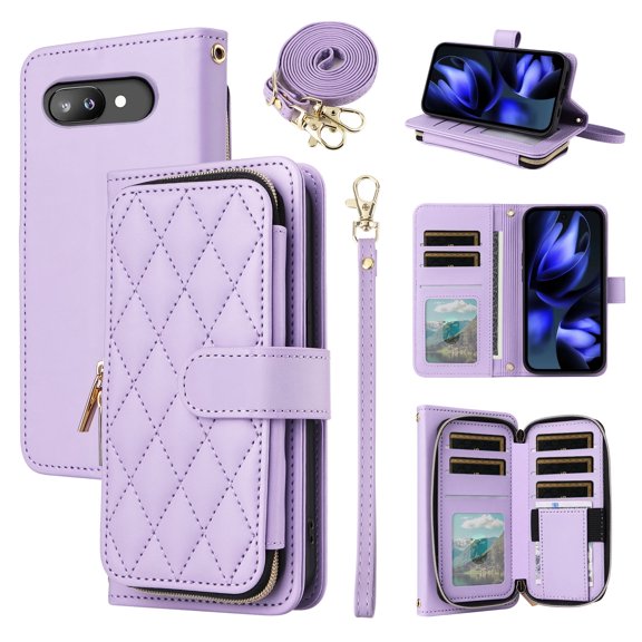 Furiet Argyle Wallet Case for Google Pixel 9A with Wrist/Shoulder Strap Card Slot Zipper Purse Luxury PU Leather Card Holder Stand Checkered Cell Phone Cover for Pixel9A A9 5G Women Girls Purple