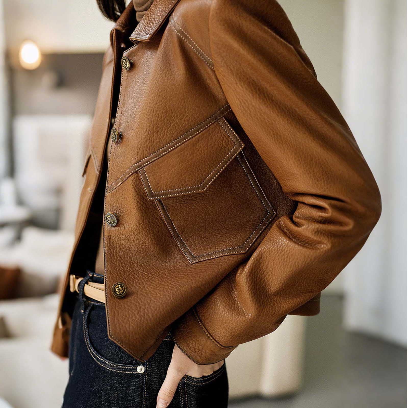 TKLPEHG Leather Jacket Women Cropped Vintage Faux Leather Jackets Long Sleeve Button Lapel Coats Spring Fall Fashion Coats (Brown,XXXL)