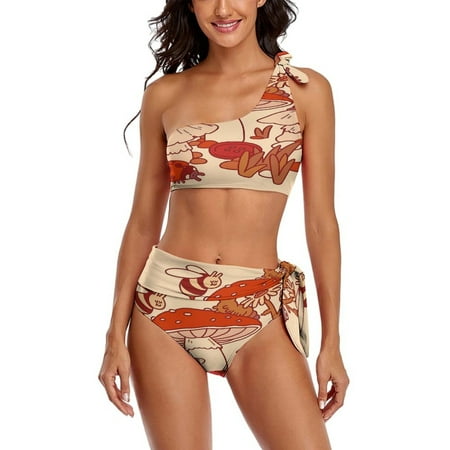 Mushrooms & Tiny Friends One Shoulder Bowknot Swimsuit Two Piece Swimsuit Knot Crop Top Bikini High Waisted Bathing Suit