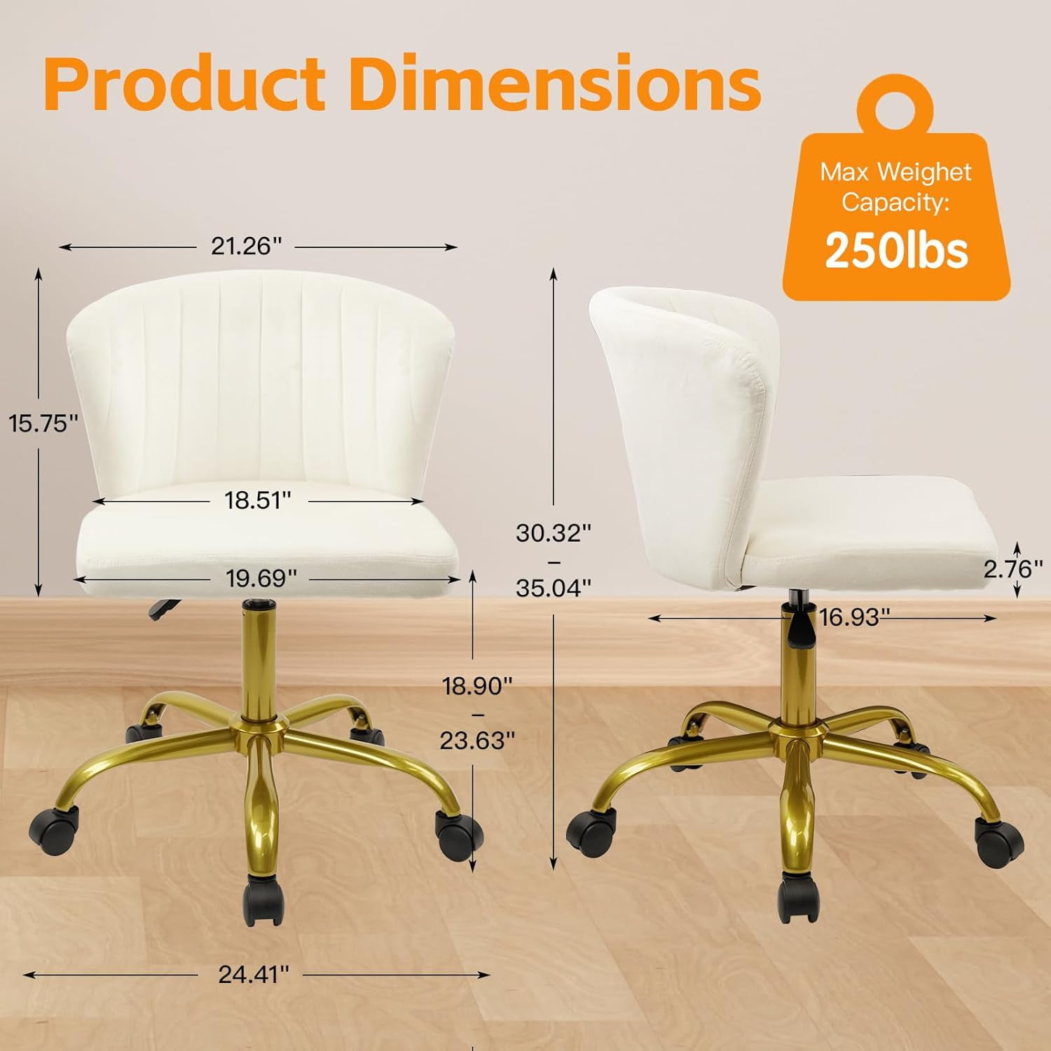 CLATINA Home Office Desk Chair Velvet Vanity Chairs Gold Base, Ergonomic Small Cute Chair Adjustable Height with Wheels Rolling Armless Chair Swivel Task Chair for Study Living Room Bedroom, White