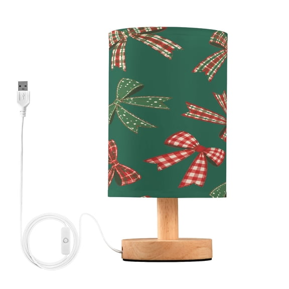 Christmas Checked Bow Table Lamp, Fully Dimmable Nightstand Lamp with USB and Linen Fabric Shade, Modern Gifts for Bedroom, Living Room, Office