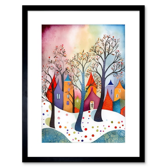 Winter Whimsy Forest Village Folk Art Artwork Framed Print Wall Art 9X7 Inch