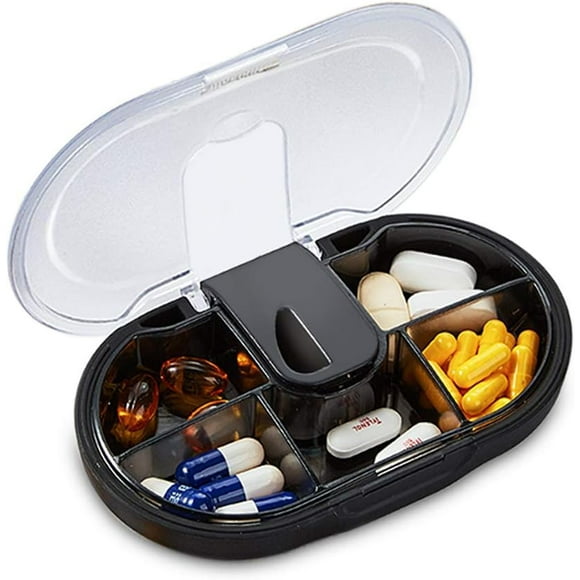Pill Cutter, Pill Splitter for Small or Large Pills, Tablet Splitter with Stainless Steel Blade Guard, Safety Medicine Slicer for Cutting Pills Vitamins Tablets, 5 Compartments Pill Box (Black)