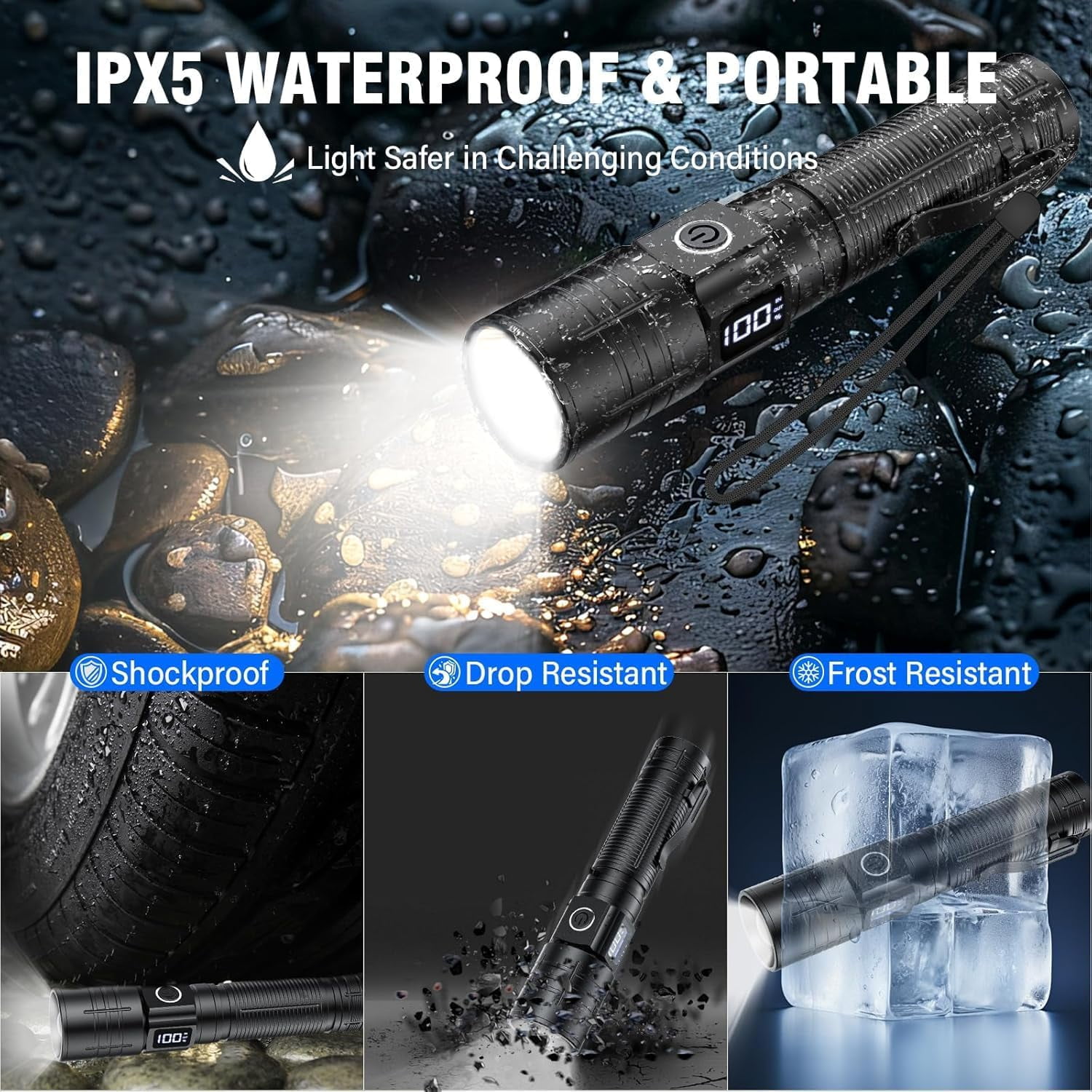 LED Flashlight, High Powered High Lumens Super Bright Flashlight, Rechargeable Flashlights High Lumens, 6 Modes Zoomable Waterproof Flash Lights for Emergency, Camping, Hiking