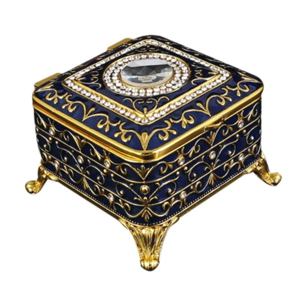 Joyero cuadrado, cofre del tesoro, joyero decorativo para pendientes Azul dorado