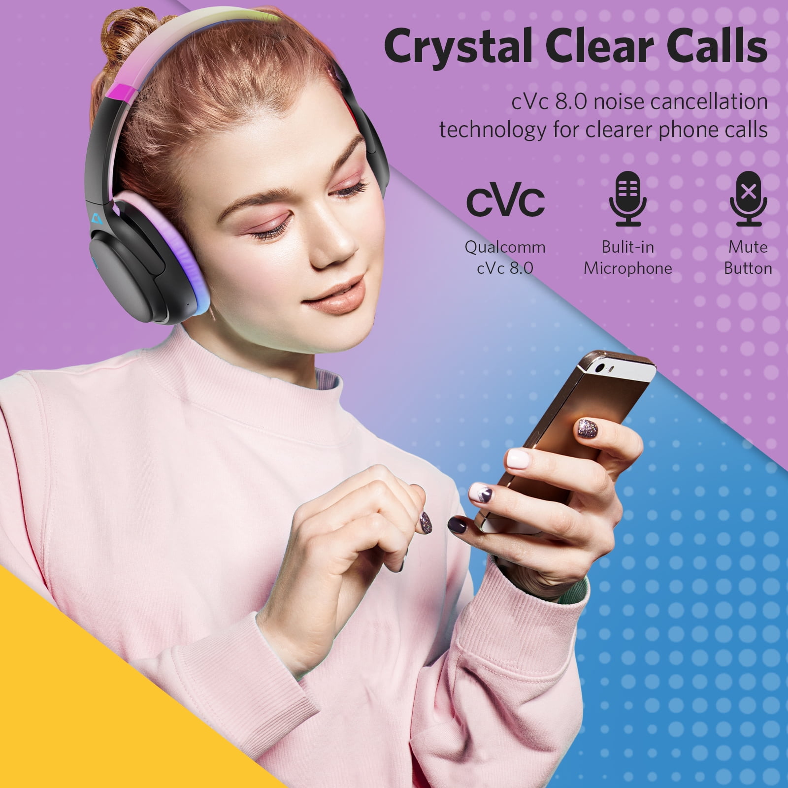 Ankbit E700 Noise Cancelling Headphones with LDAC, Wireless Bluetooth 5.1 Over Ear Headphones with Microphone, 60H Playtime, Colorful