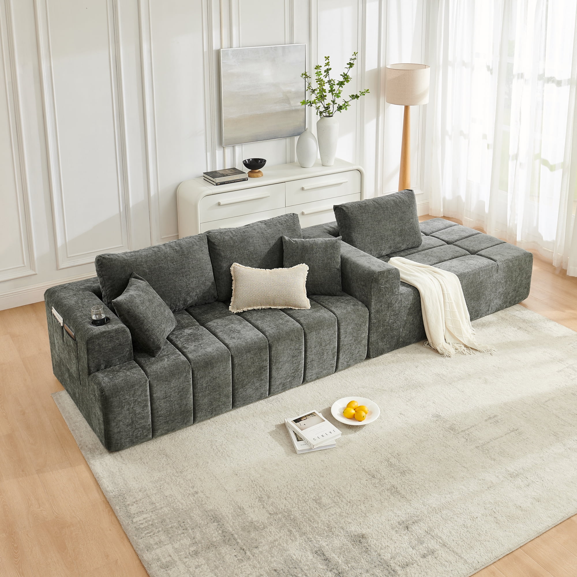 Leumius 108" L-Shaped Sectional Sofa,Chenille Boneless Couch, Modern 3-Seat Upholstered Cloud Couch Sectional with Deep Seat and Cup Holders for Living Room,No Assembly Required,Dark Gray