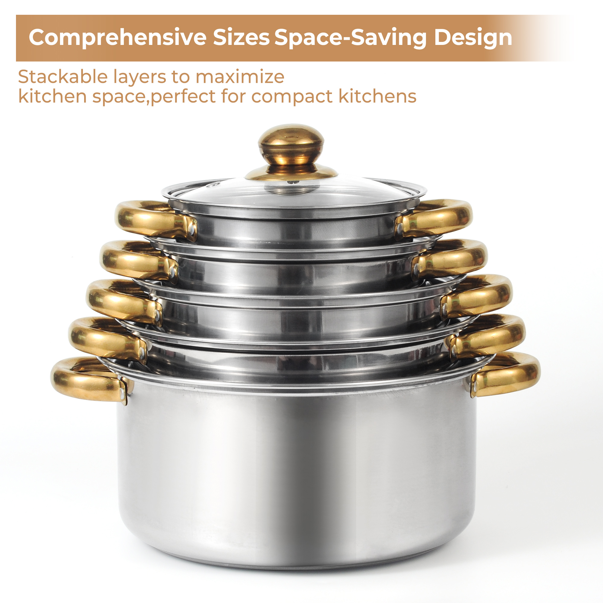 Thick Stainless Steel Cookware Set, Pots and Pans Set, 11 Pcs Kitchen Induction Cookware Set with Glass Lid for Cooking, Induction Compatible Set for Rv and Camping with Cleaning Brush, Gold