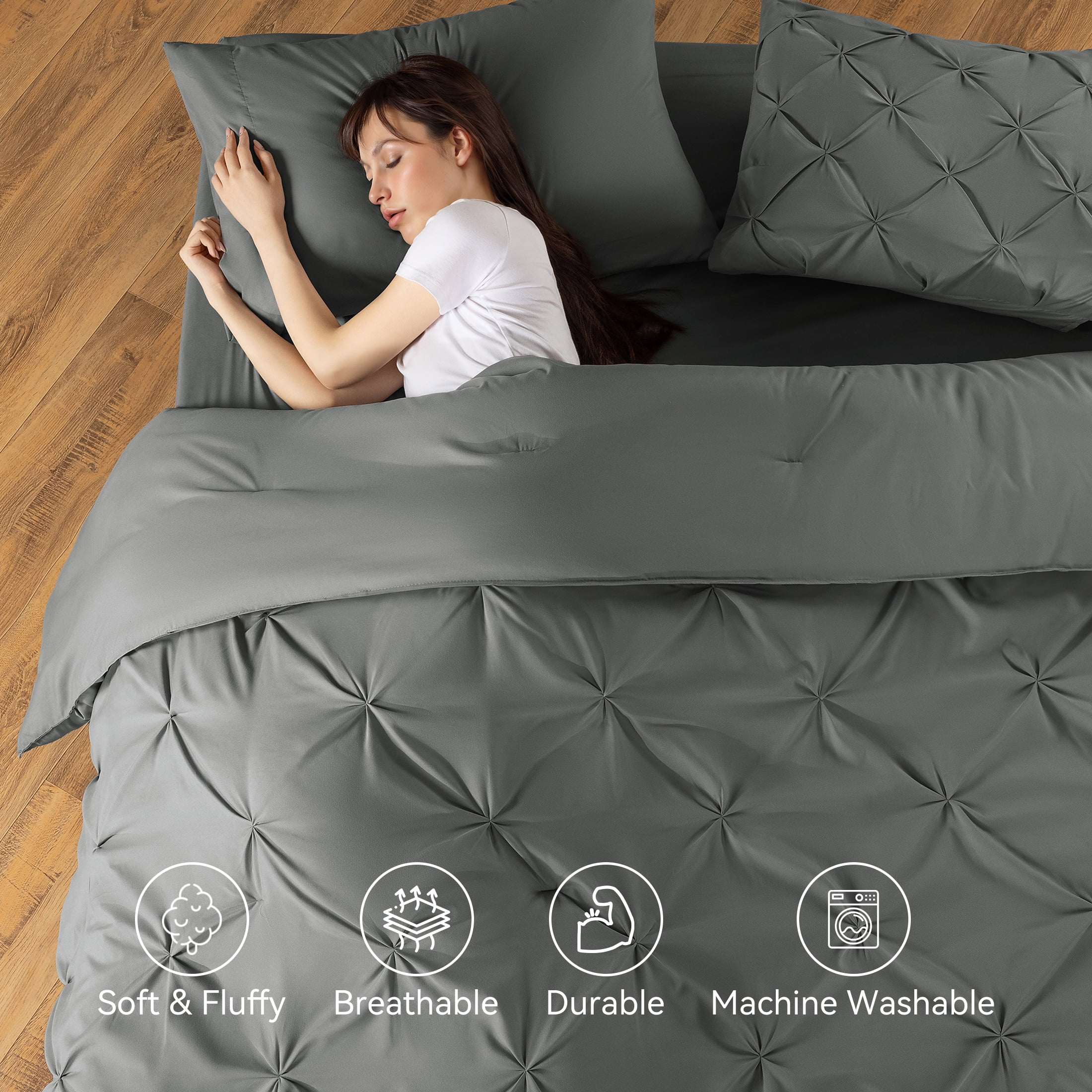 SONORO KATE Twin Comforter Set, 5 Pieces Bedding Sets for All Season, Bed in a Bag with Pleated Comforter - Flat Sheet & Fitted Sheet - Pillowcases & Shams, Dark Gray