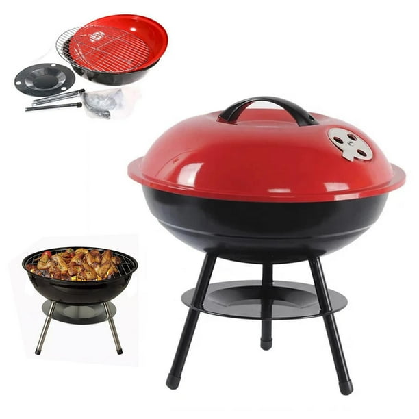 Asador Portátil de Carbón Con Tapa Parrilla Acero 36cm Mini rojo