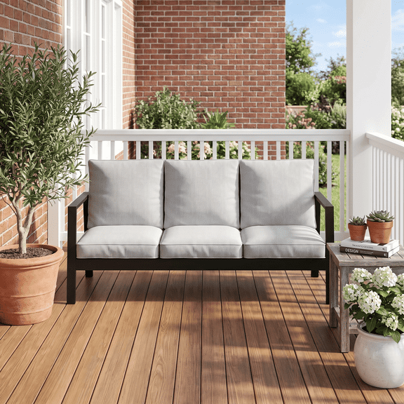 Heynemo Aluminum Outdoor Patio Sofa, Water-Resistant Metal 3-Seat Couch with Thick Cushions, Patio Conversation Sofa Couch for Deck Garden Poolside, Grey