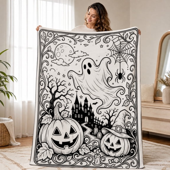 CHJK Halloween DIY Coloring Blanket, Color Throw Blanket with 24 Markers, Washable Cozy Doodle Mat for Home Decor, Spooky Party & Birthday Gift (1, Halloween, #A2
