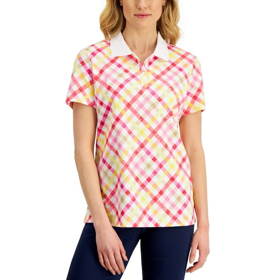 Karen Scott Womens Plaid Polo Shirt Rose Glow 2XL
