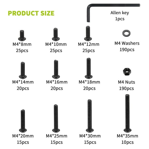 GHRTGR-570 Pcs M4 Screw Assortment, M4 Bolts and Nuts Kit, Hex Socket Button Head Cap Screws and Nuts and Washers Set, Metric Machine Screw Assortment Kit, Black Round Head Assorted Screws Nuts and B