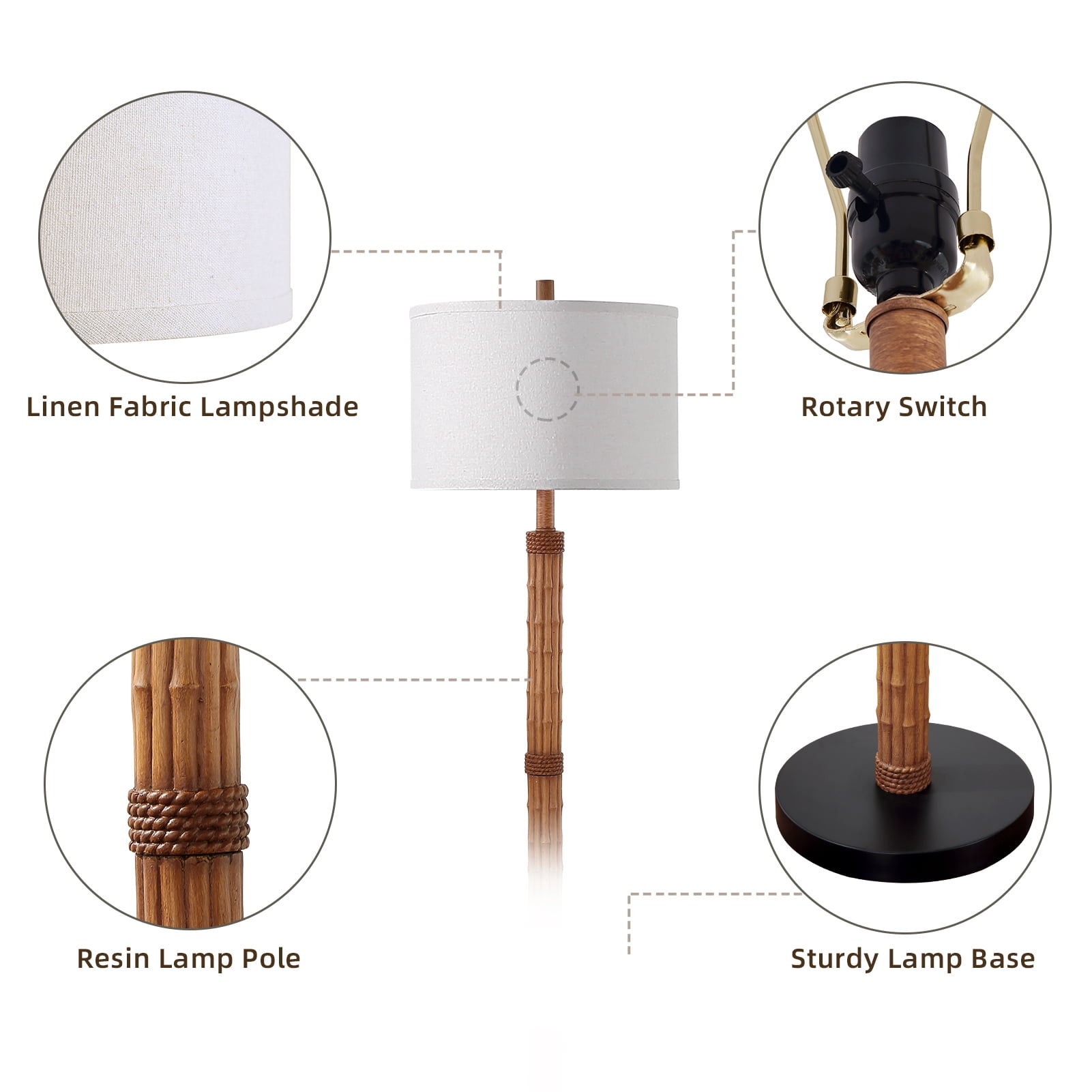 RORIA 63" Bamboo Stripe Floor Lamp, Modern Farmhouse Style Standing Lamp Featuring a Knob Switch and a Linen Shade, Suitable for Living Rooms, Bedrooms, and Offices